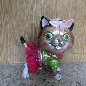 Hand Painted Glass Cute Cat Kitty Christmas Tree Ornament (F83)
